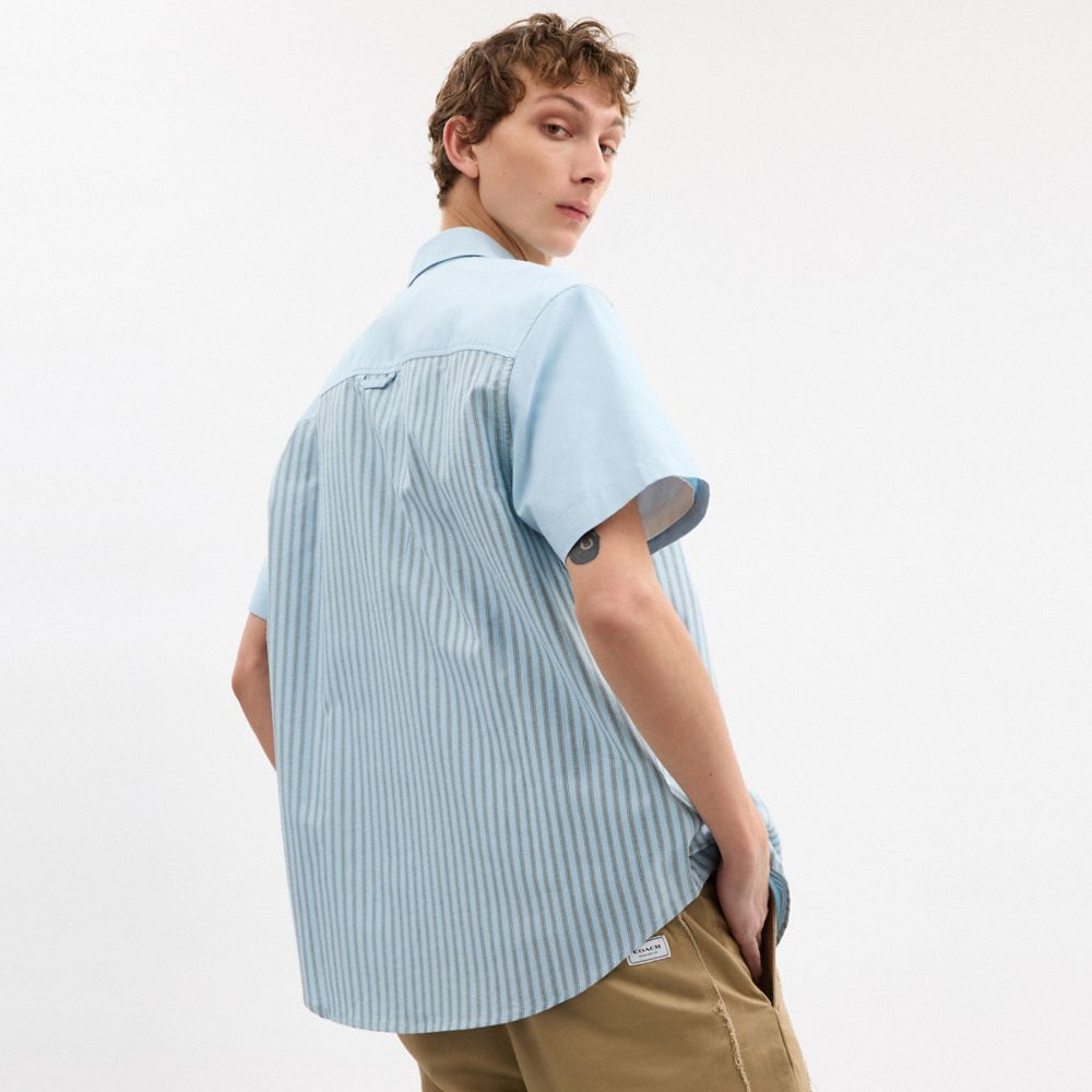 Coach Striped Mixed Media Oxford Shirt Blue Blue Multi
