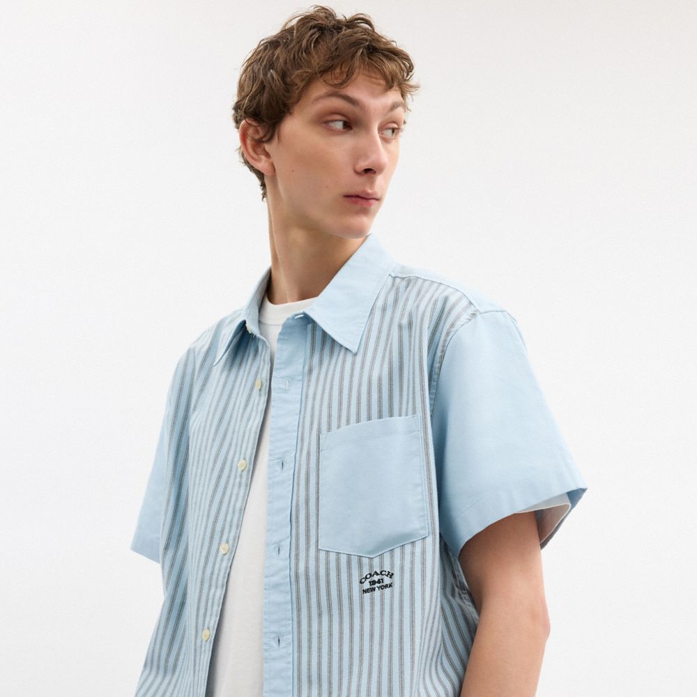 Coach Striped Mixed Media Oxford Shirt Blue Blue Multi