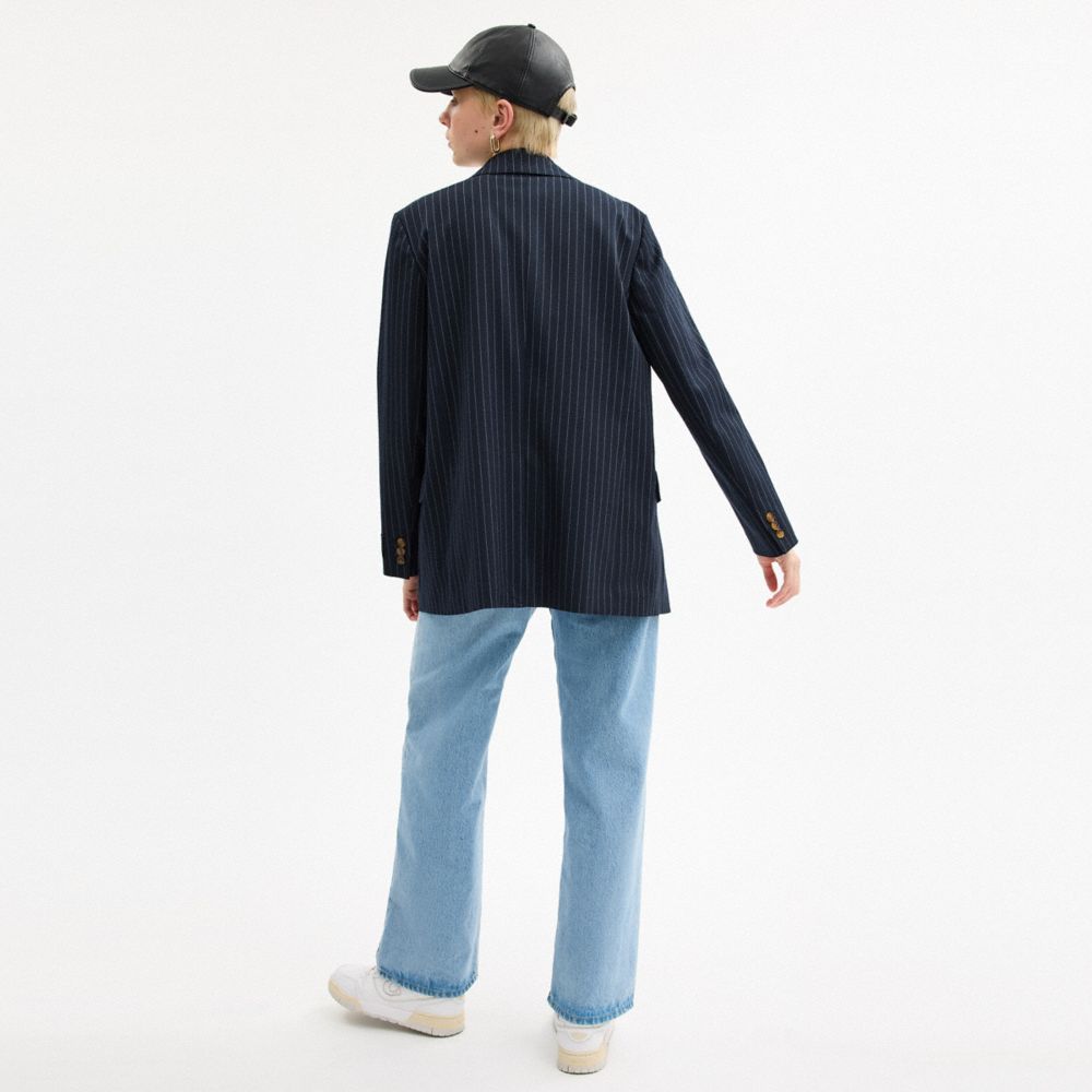 Coach Single Breasted Pinstripe Blazer White Navy