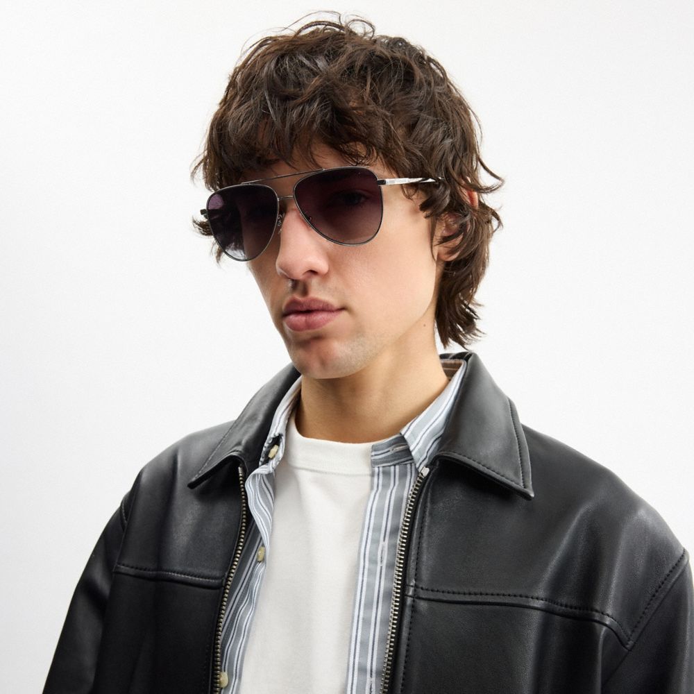 Coach C Hardware Metal Pilot Sunglasses Silver Grey Gradient