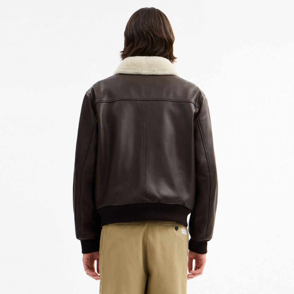 Coach Leather Flight Jacket With Shearling Collar Smoked Wood