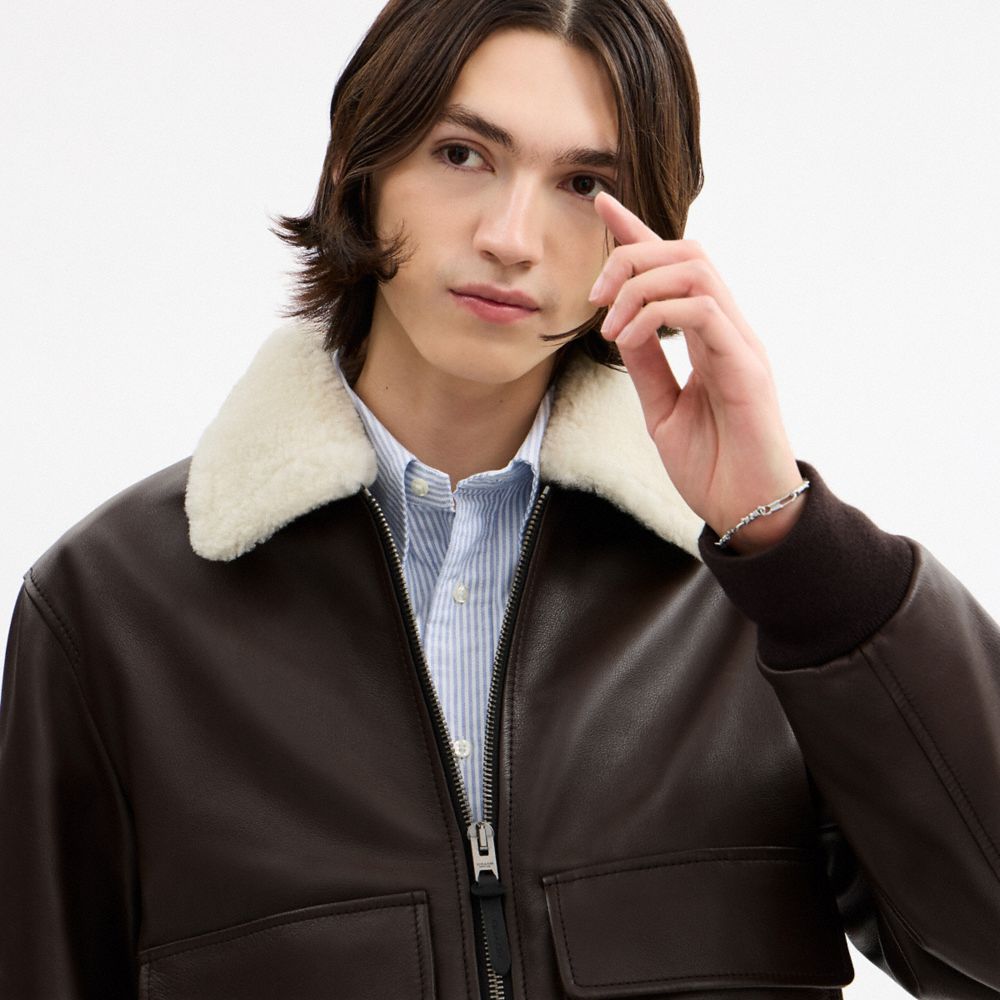 Coach Leather Flight Jacket With Shearling Collar Smoked Wood