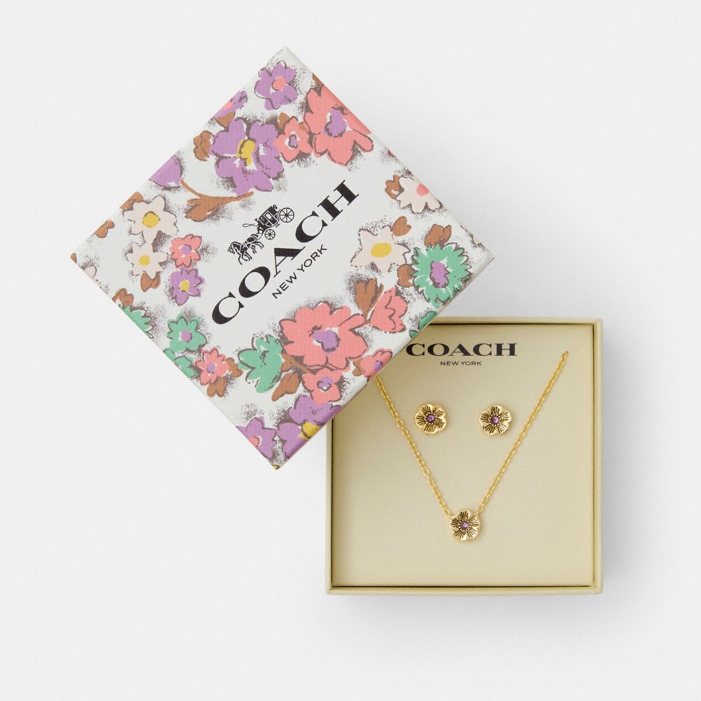 Coach Tea Rose Pendant Necklace And Earrings Gift Set Gold