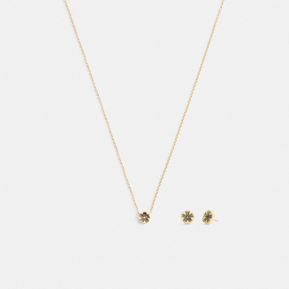 Coach Tea Rose Pendant Necklace And Earrings Gift Set Gold