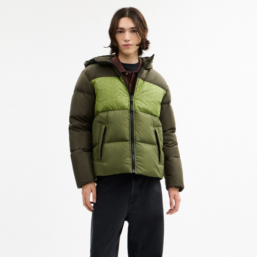 Coach Colorblock Down Jacket Green Multi