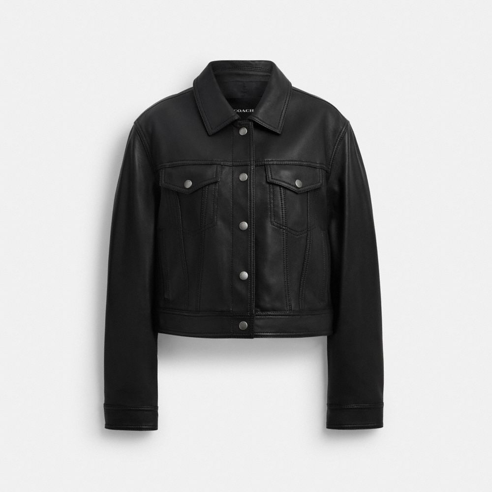 Coach Shrunken Leather Trucker Jacket Black
