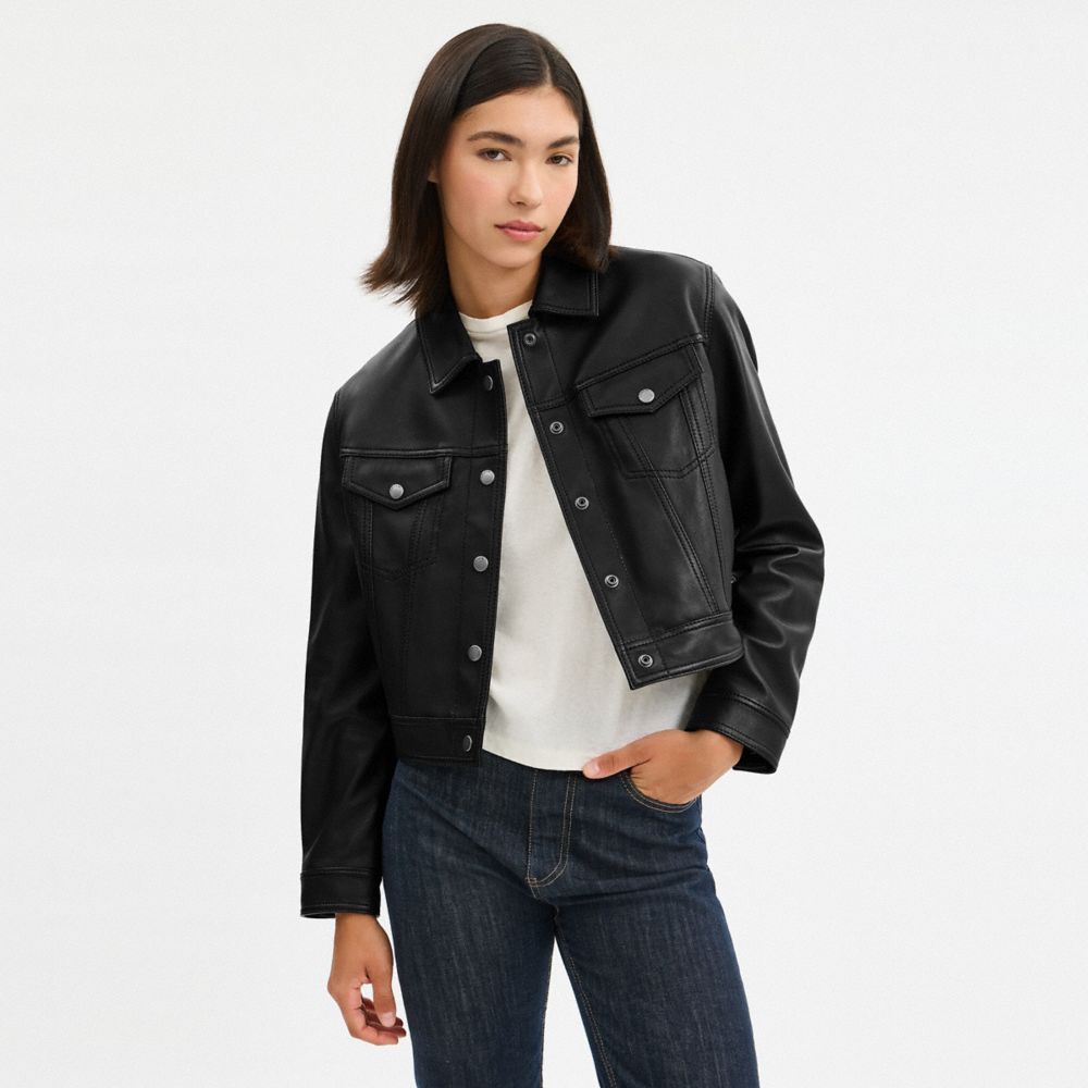 Coach Shrunken Leather Trucker Jacket Black