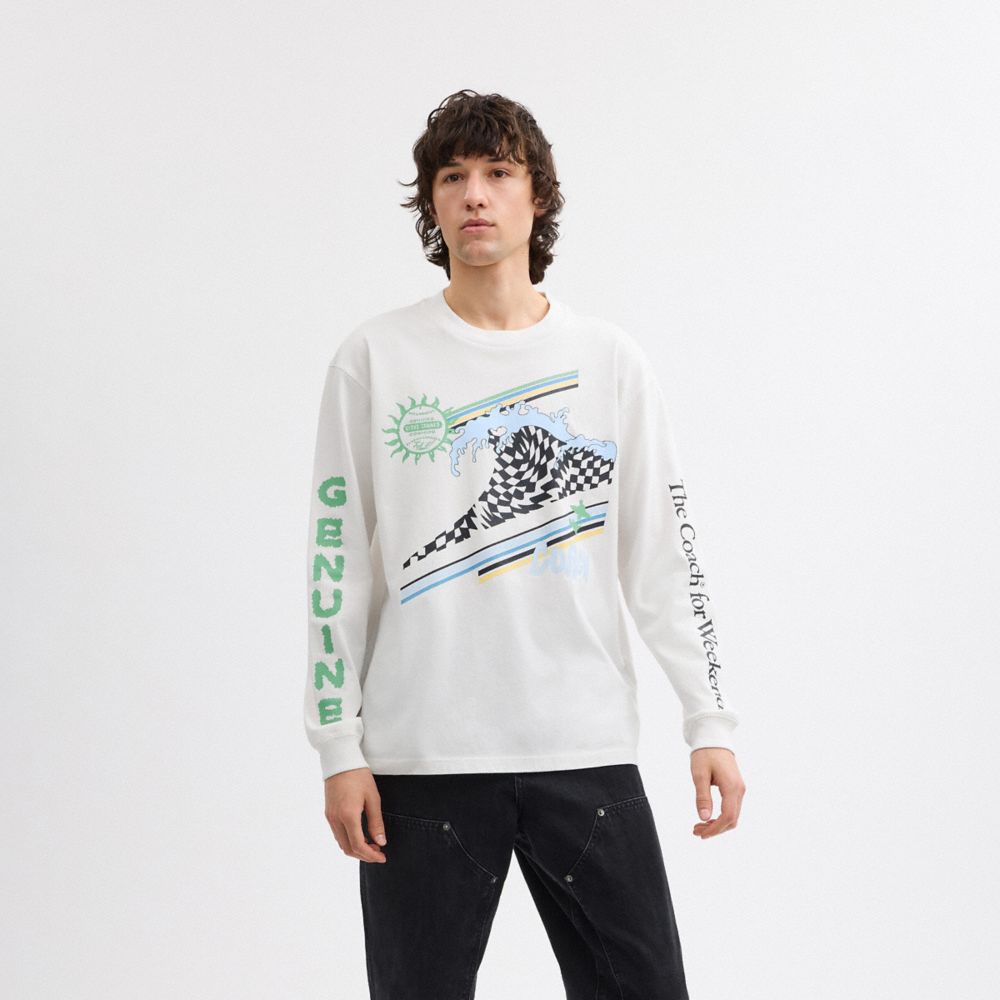 Coach Surf Long Sleeve Relaxed T Shirt In Organic Cotton White