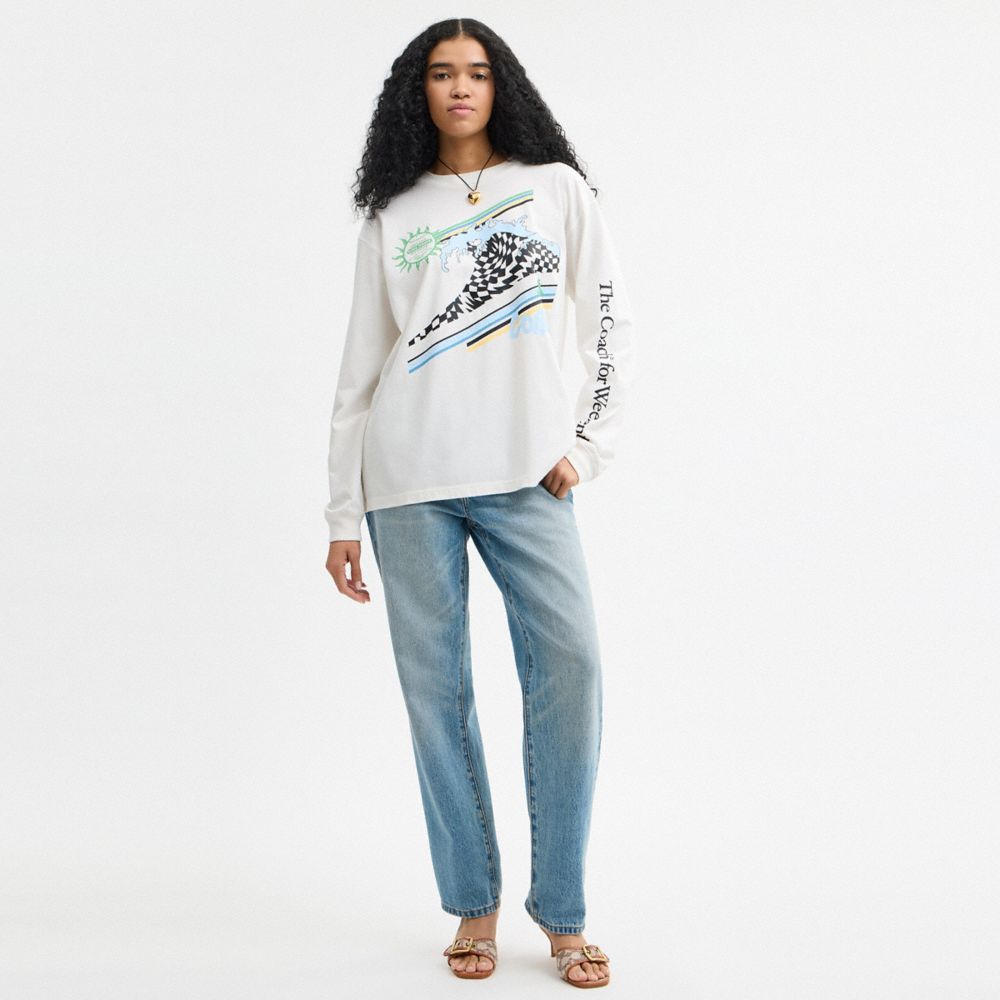 Coach Surf Long Sleeve Relaxed T Shirt In Organic Cotton White