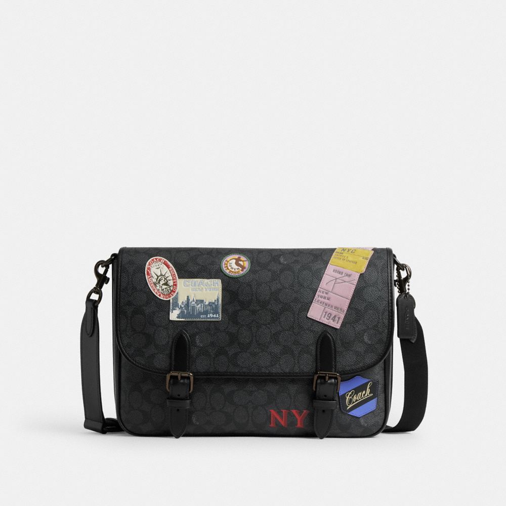 Coach Hitch Messenger Bag In Signature Canvas With Patches Charcoal Multi