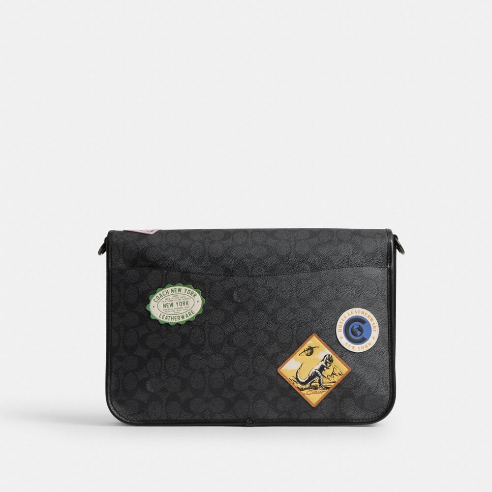 Coach Hitch Messenger Bag In Signature Canvas With Patches Charcoal Multi