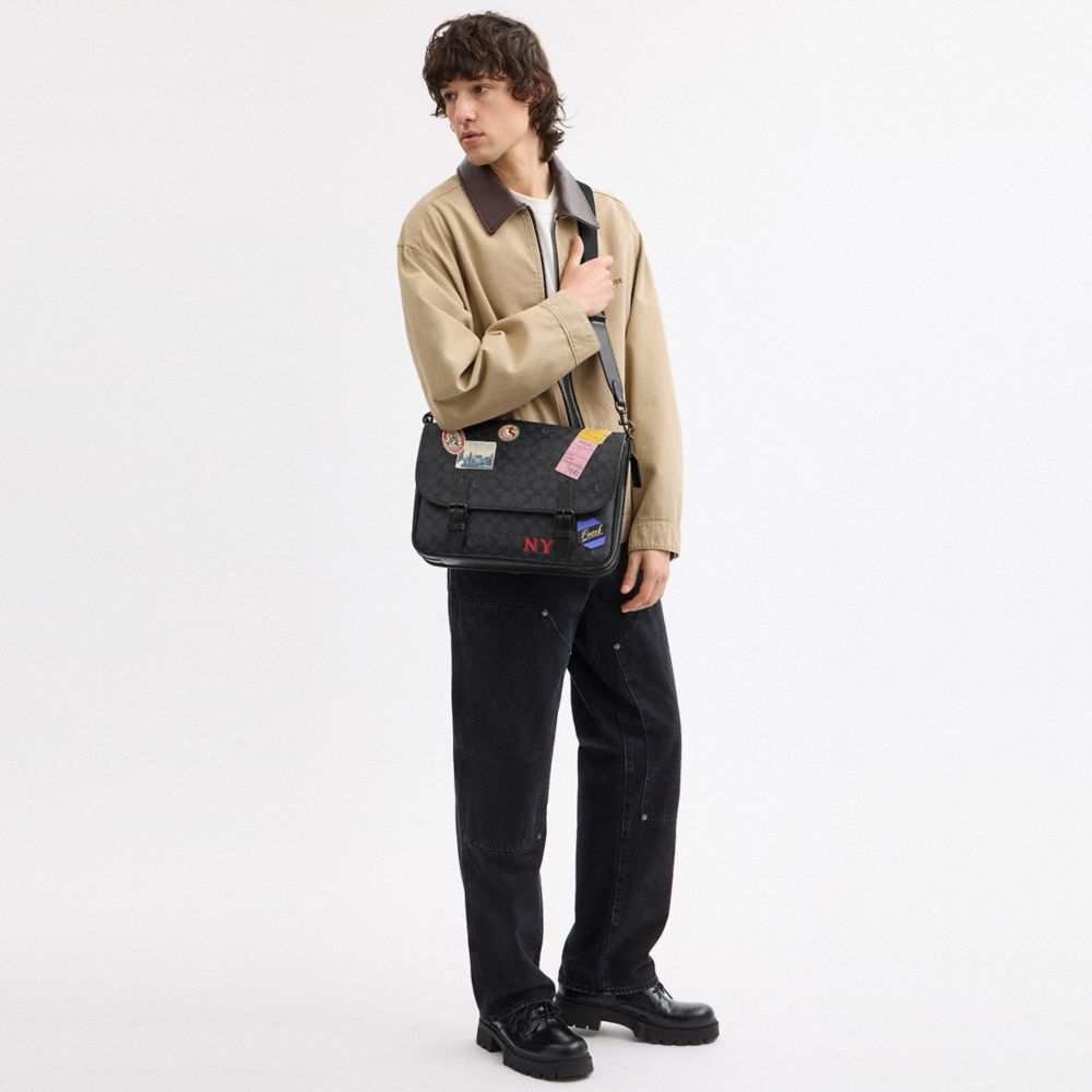 Coach Hitch Messenger Bag In Signature Canvas With Patches Charcoal Multi
