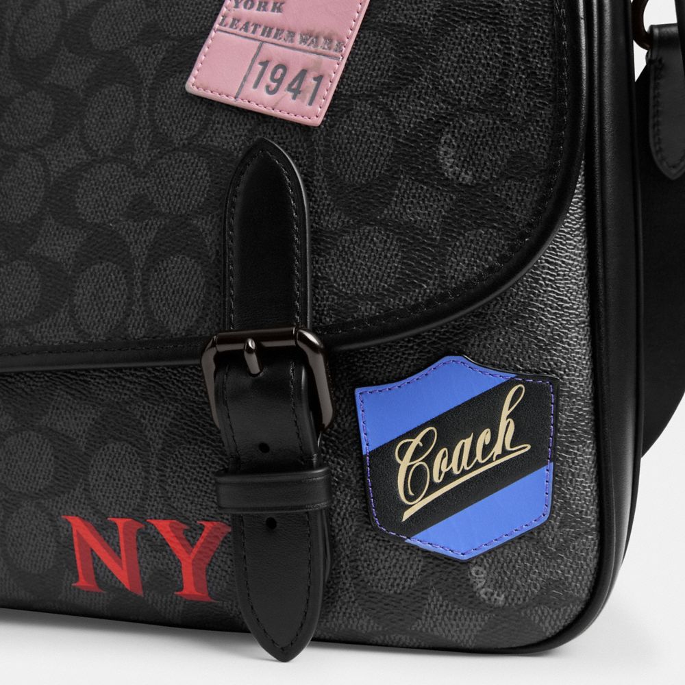 Coach Hitch Messenger Bag In Signature Canvas With Patches Charcoal Multi