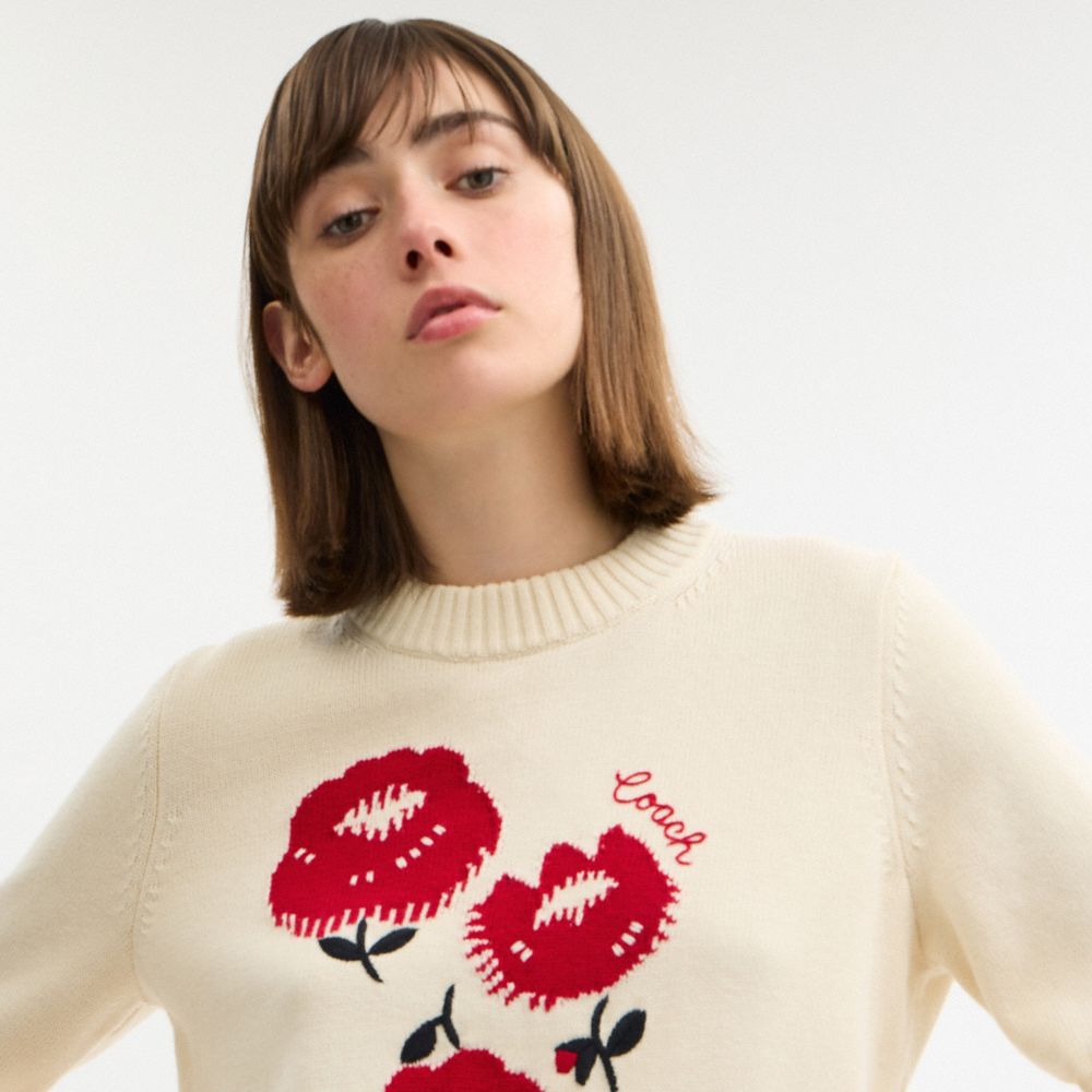 Coach Floral Crewneck Sweater In Organic Cotton Ivory