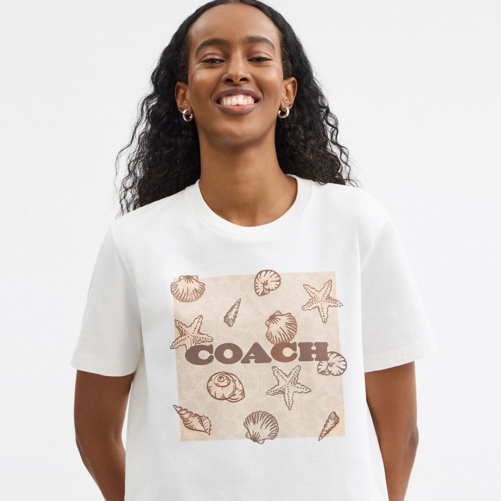 Coach Shell Signature Square Classic T Shirt In Organic Cotton White