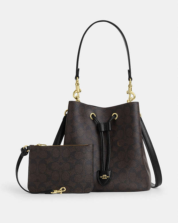 Rowan Bucket Bag In Signature Canvas Signature Canvas-Gold-Walnut-Black Signature Canvas-Gold-Walnut-Black