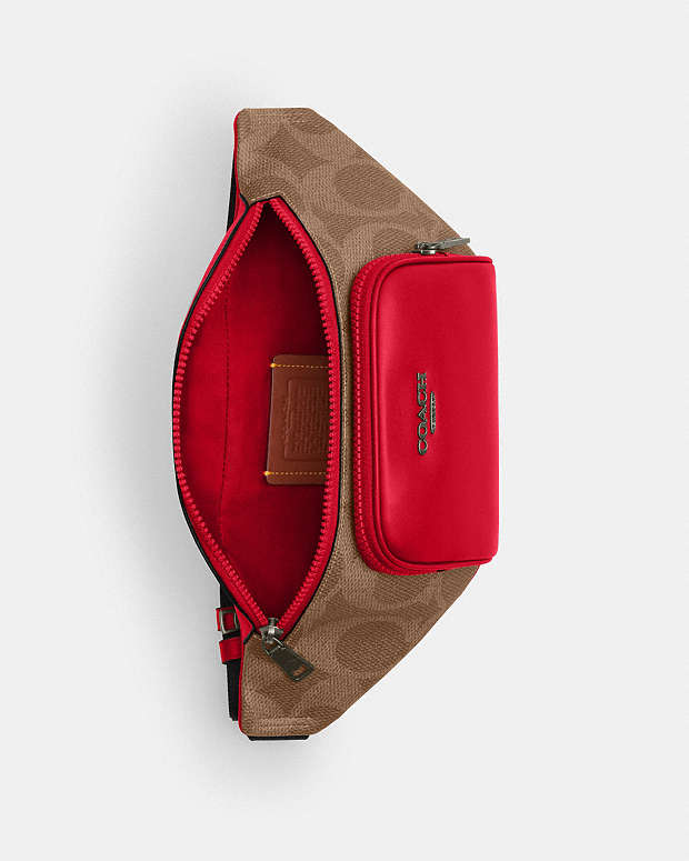 Racer Small Belt Bag In Maxi Signature Canvas Qb-Tan-Bold Red Qb-Tan-Bold Red