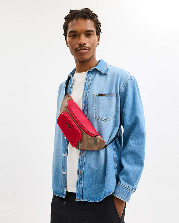 Racer Small Belt Bag In Maxi Signature Canvas Qb-Tan-Bold Red Qb-Tan-Bold Red