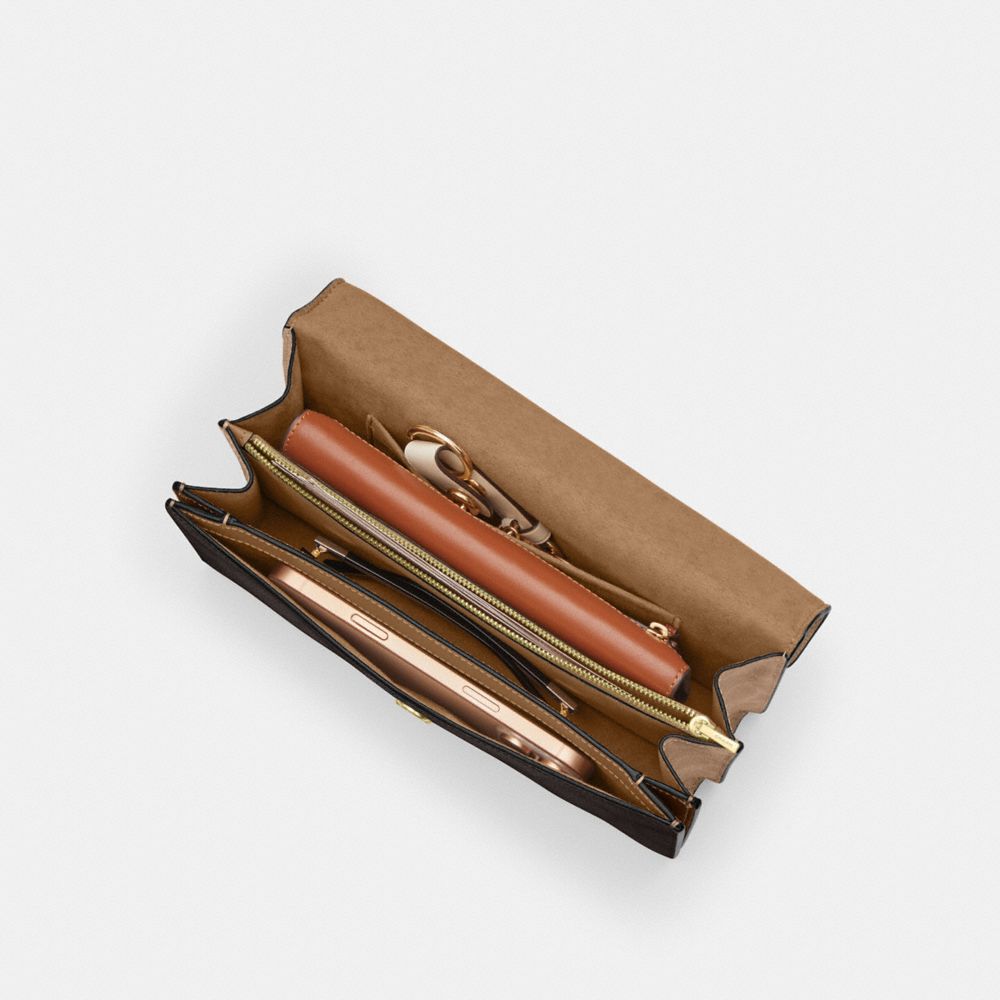 Coach Klare Envelope Crossbody Bag In Blocked Signature Canvas Gold Walnut Tan