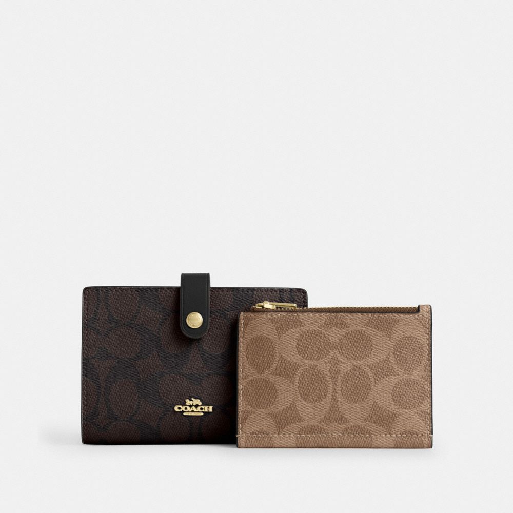 Coach 2 In 1 Wallet In Blocked Signature Canvas Gold Walnut Tan