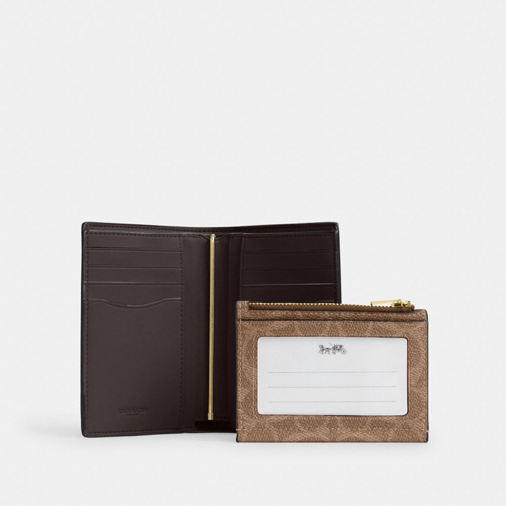 Coach 2 In 1 Wallet In Blocked Signature Canvas Gold Walnut Tan