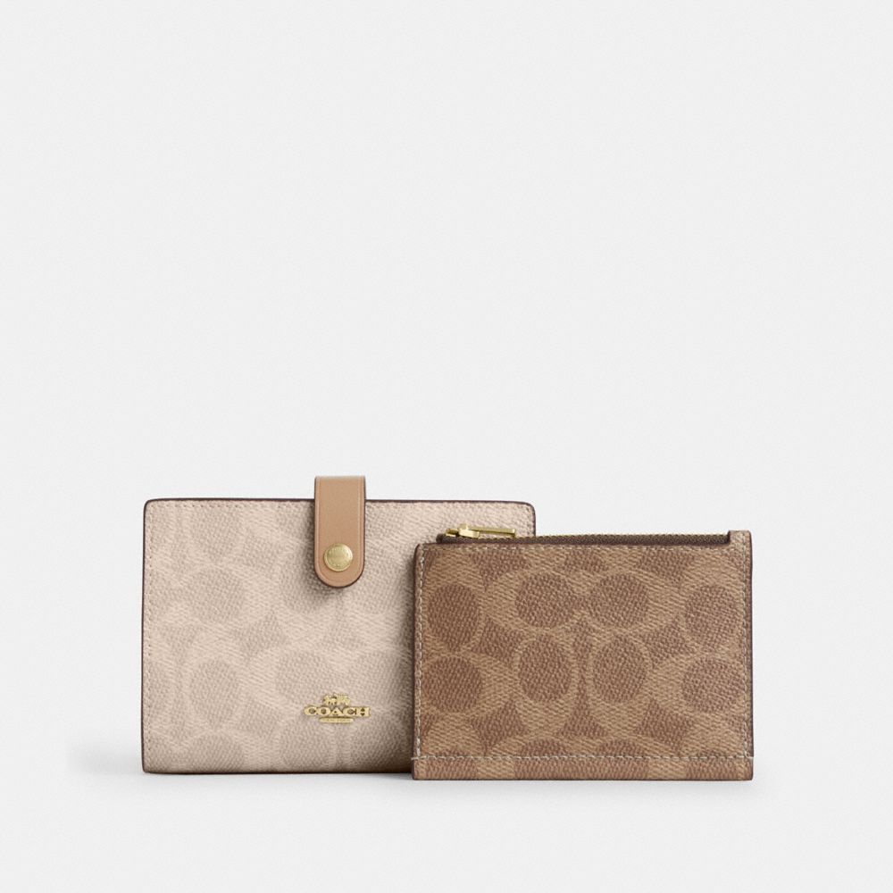 Coach 2 In 1 Wallet In Blocked Signature Canvas Gold Sand Tan
