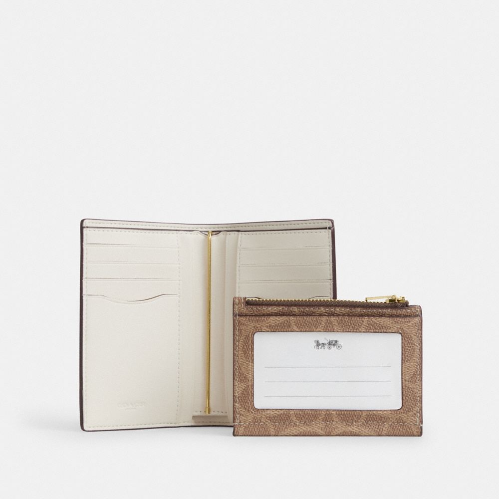 Coach 2 In 1 Wallet In Blocked Signature Canvas Gold Sand Tan