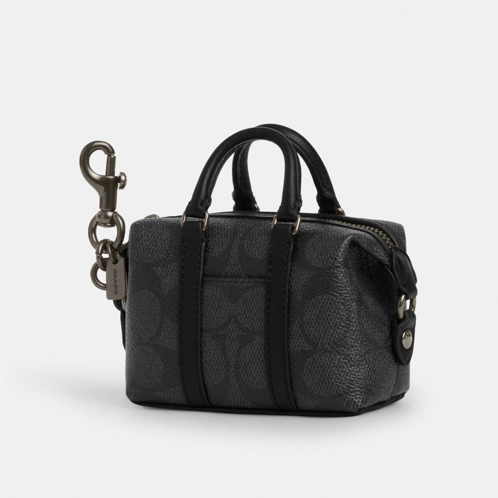Coach Mini Trekker Bag Charm In Signature Canvas Gunmetal Charcoal Black