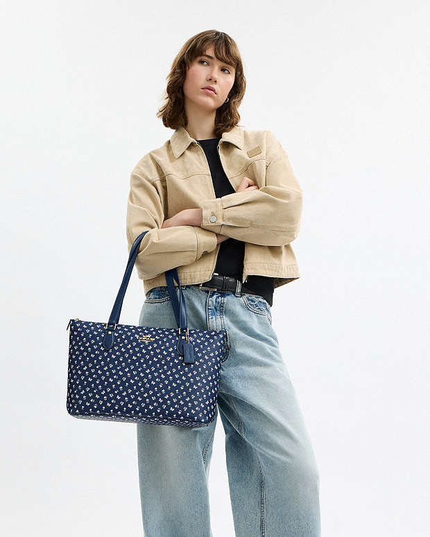 Gallery Tote Bag With Floral Print Gold-Deep Blue Multi Gold-Deep Blue Multi