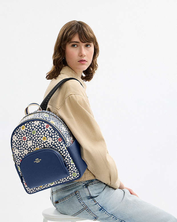 Court Backpack With Floral Print Gold-Deep Blue Multi Gold-Deep Blue Multi