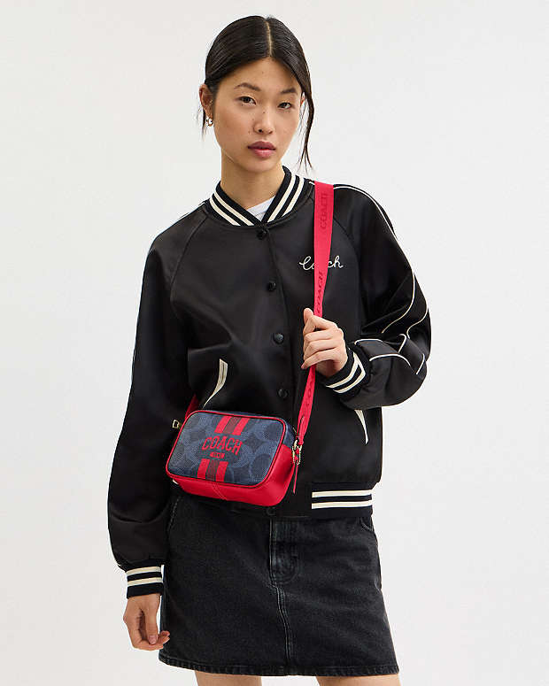 Mini Jamie Camera Bag In Signature Canvas With Varsity Stripe Im-Denim-Bold Red Im-Denim-Bold Red