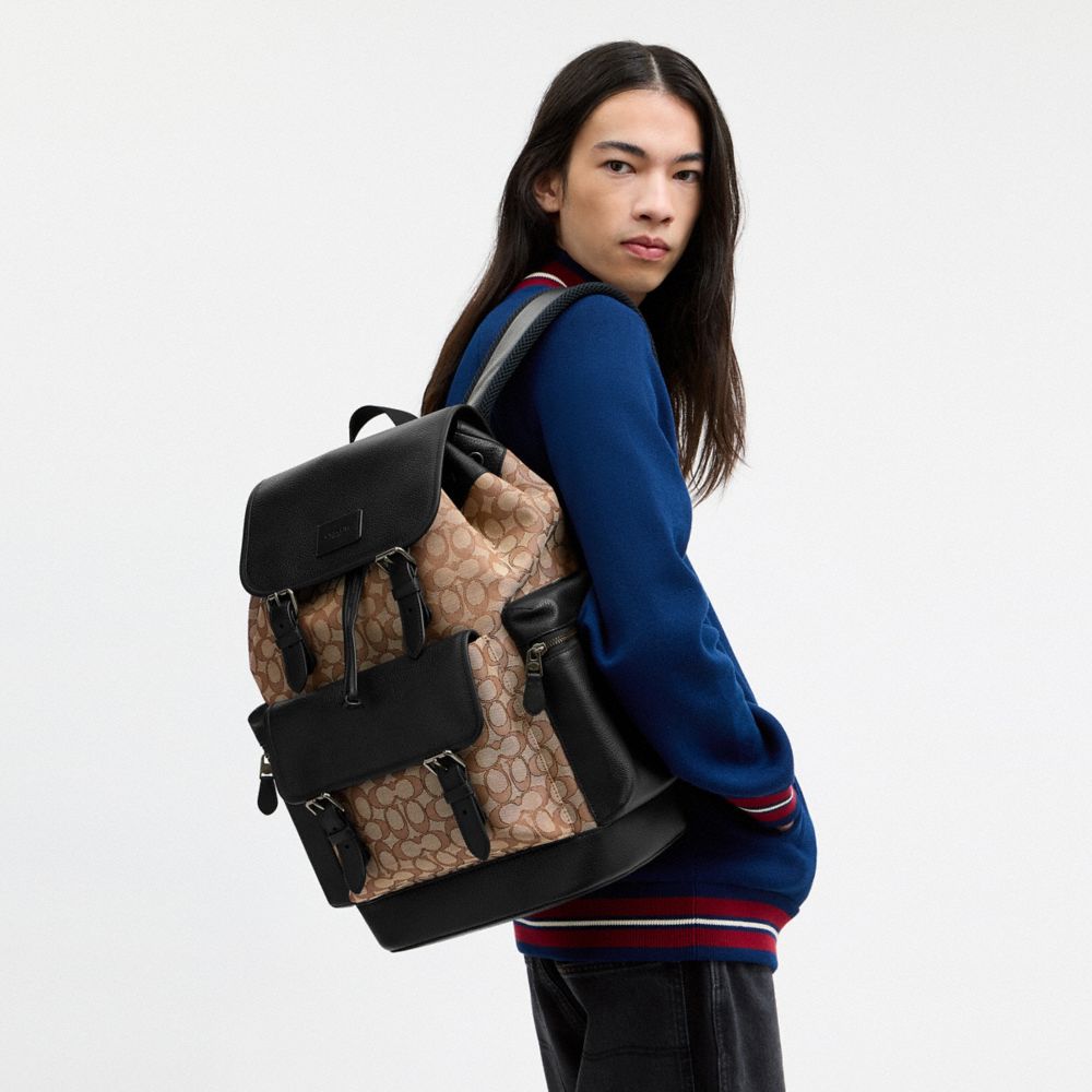 Coach Sprint Backpack In Signature Jacquard Gunmetal Tan Black