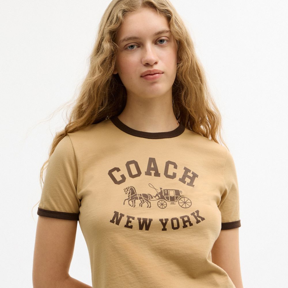 Coach Horse And Carriage Ringer T Shirt In Organic Cotton Tan