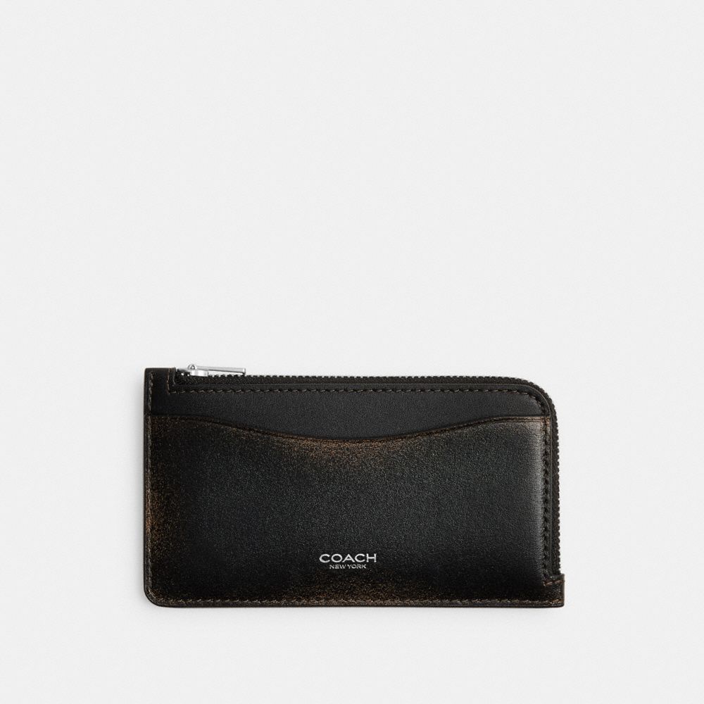 Coach New York Zip Card Case In Loved Leather Silver Black Brown