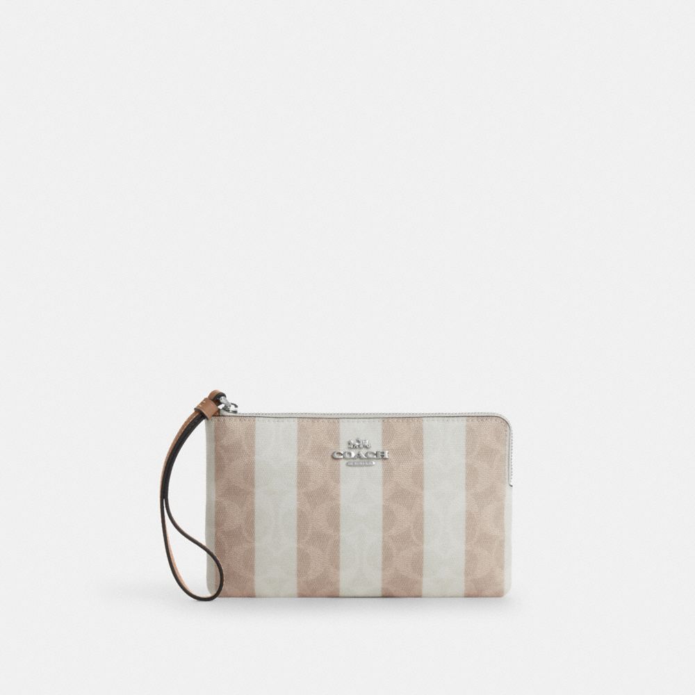 Coach Large Corner Zip Wristlet In Signature Canvas Sv Sand Tan