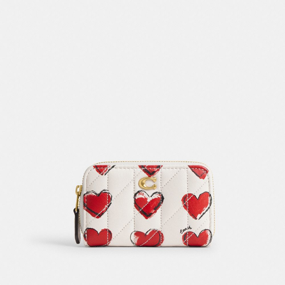 Coach Essential Small Zip Around Card Case With Quilting And Heart Print Brass Chalk Multi