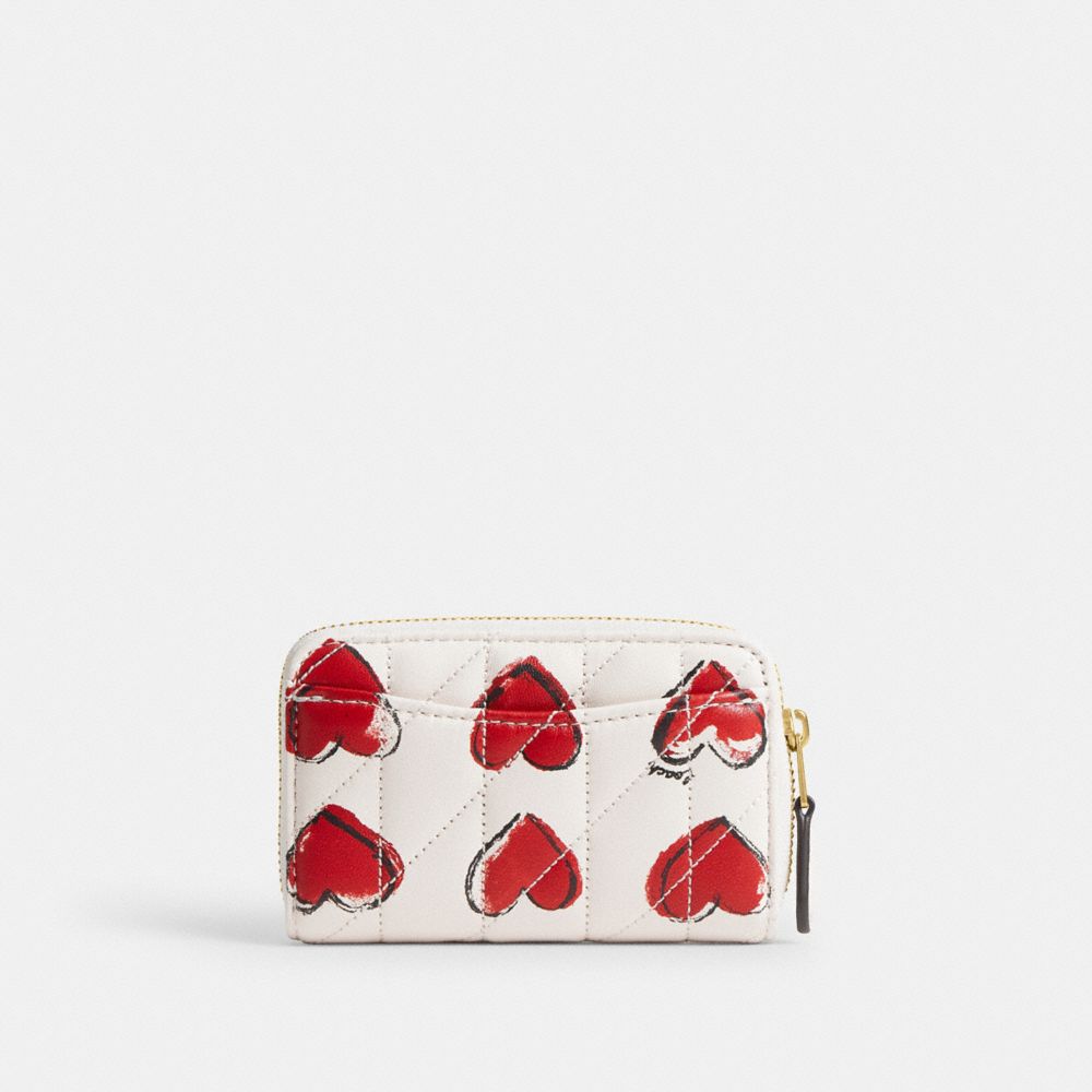 Coach Essential Small Zip Around Card Case With Quilting And Heart Print Brass Chalk Multi