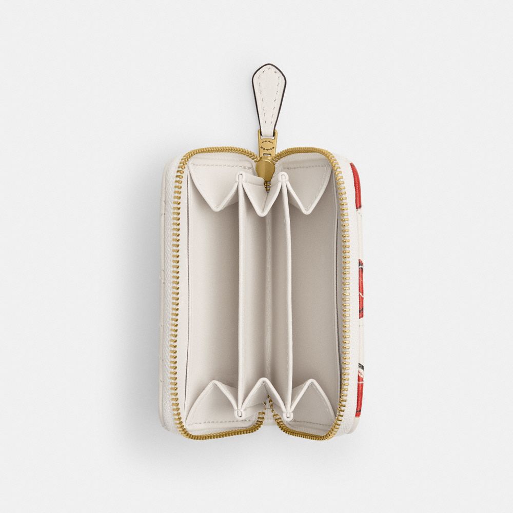 Coach Essential Small Zip Around Card Case With Quilting And Heart Print Brass Chalk Multi