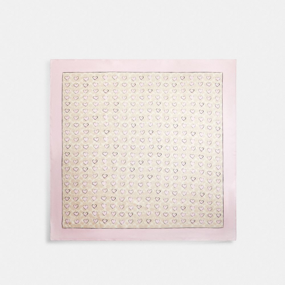 Coach Signature Doodle Heart Print Silk Square Scarf Sand Pink