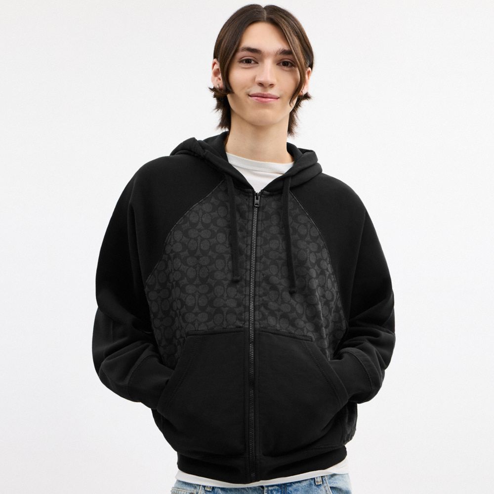 Coach Signature Full Zip Hoodie In Organic Cotton Charcoal Signature