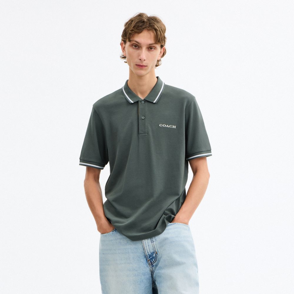 Coach Signature Trim Polo In Organic Cotton Ivy