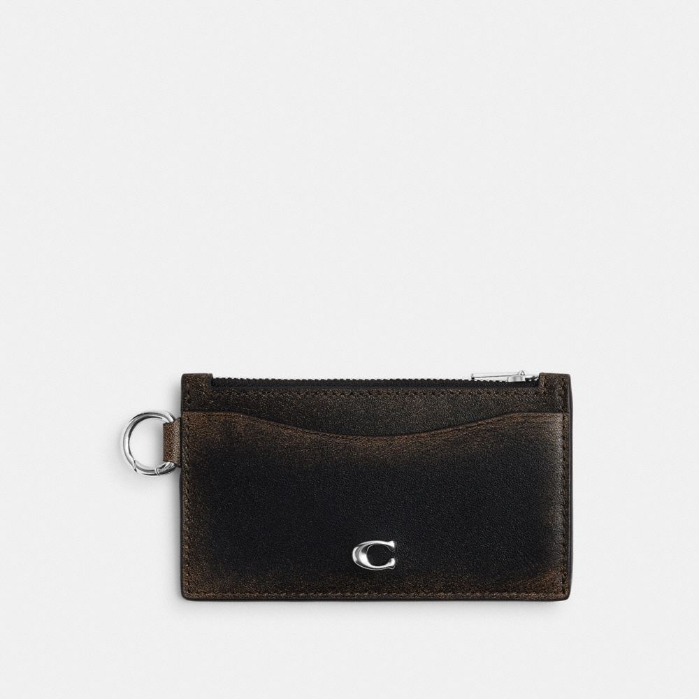 Coach Zip Card Case In Loved Leather Black Light Tan