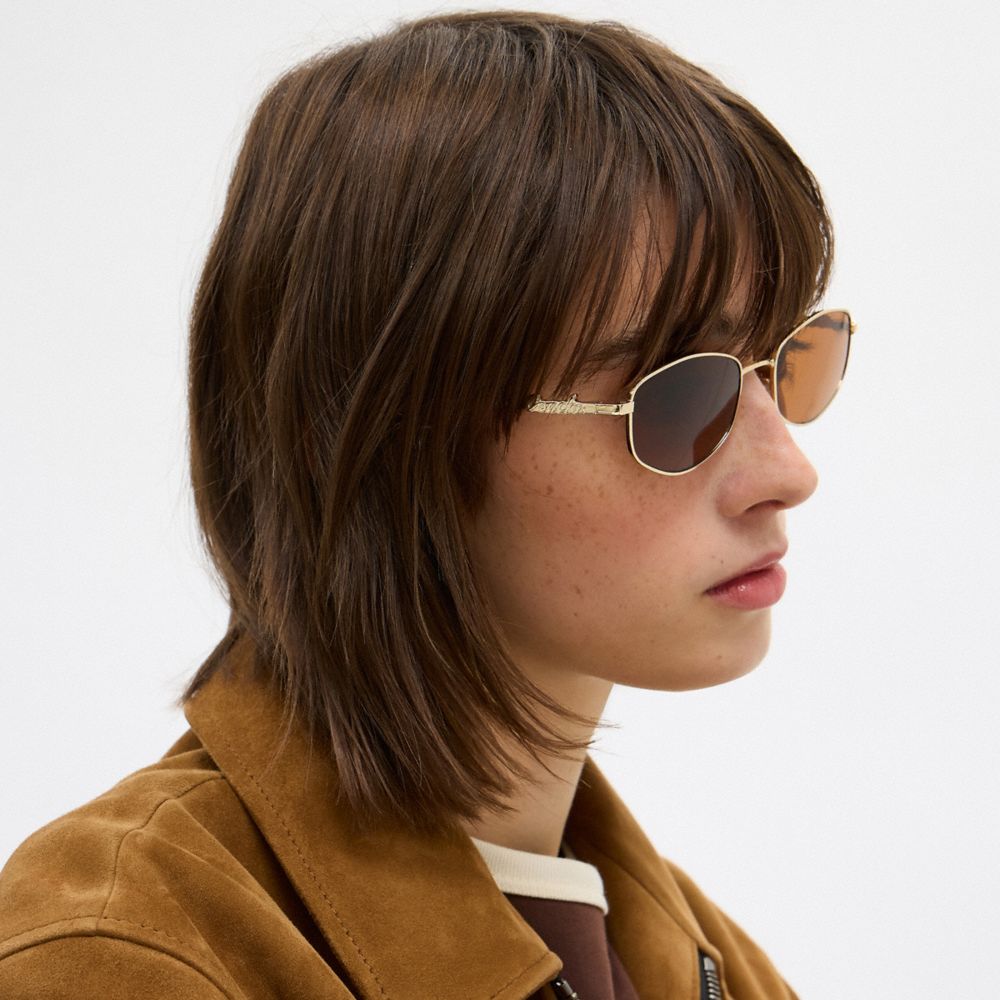 Coach Coach Script Metal Narrow Rectangle Sunglasses Brown Gold