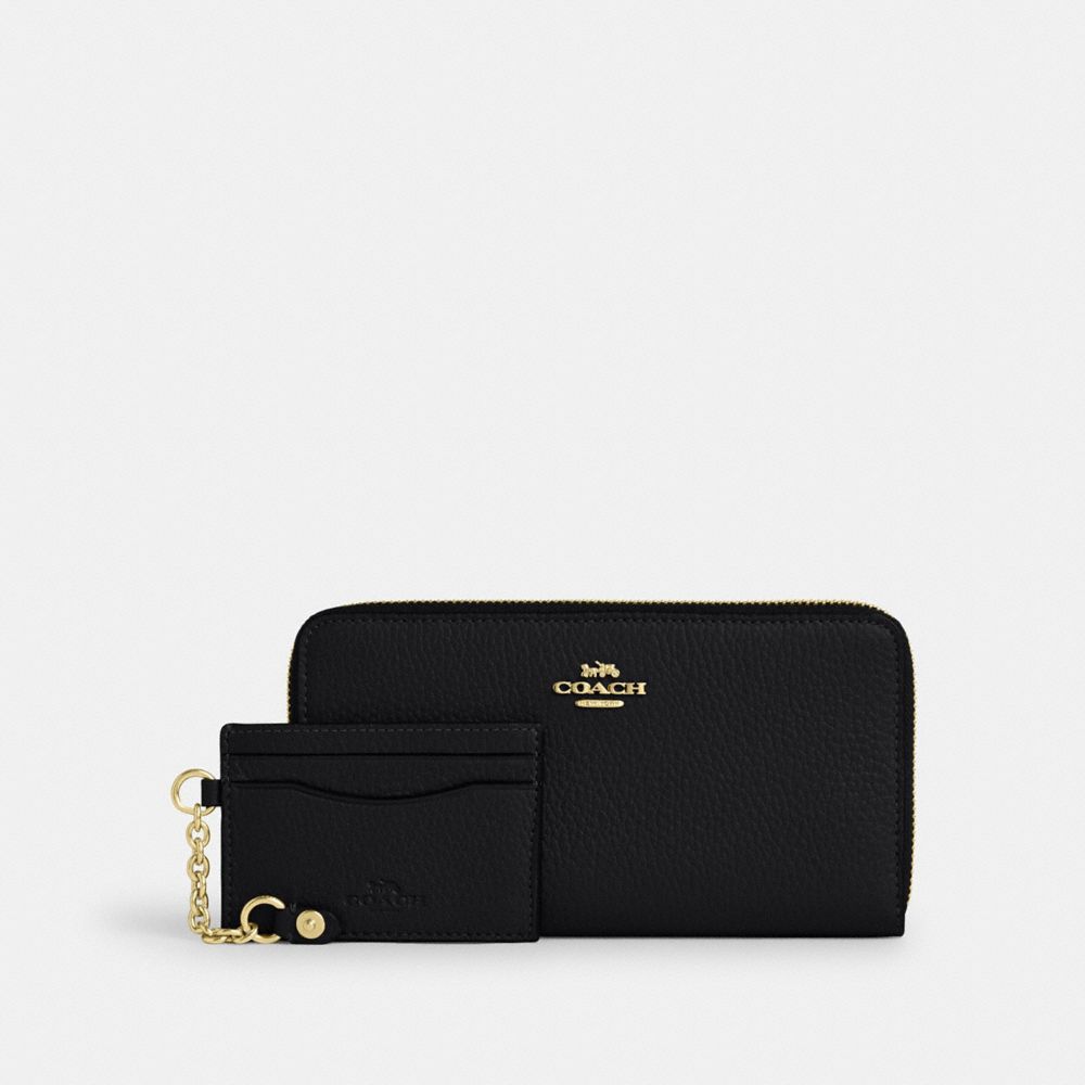 Coach Long Zip Around Wallet With Detachable Card Case Gold Black