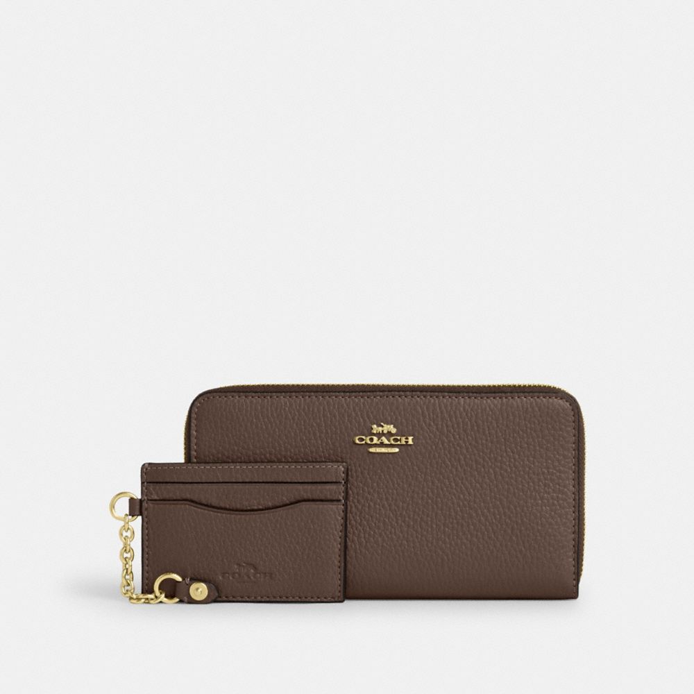 Coach Long Zip Around Wallet With Detachable Card Case Gold Dark Stone