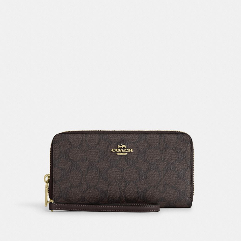 Coach Long Zip Around Wallet With Detachable Card Case In Signature Canvas Gold Walnut Black