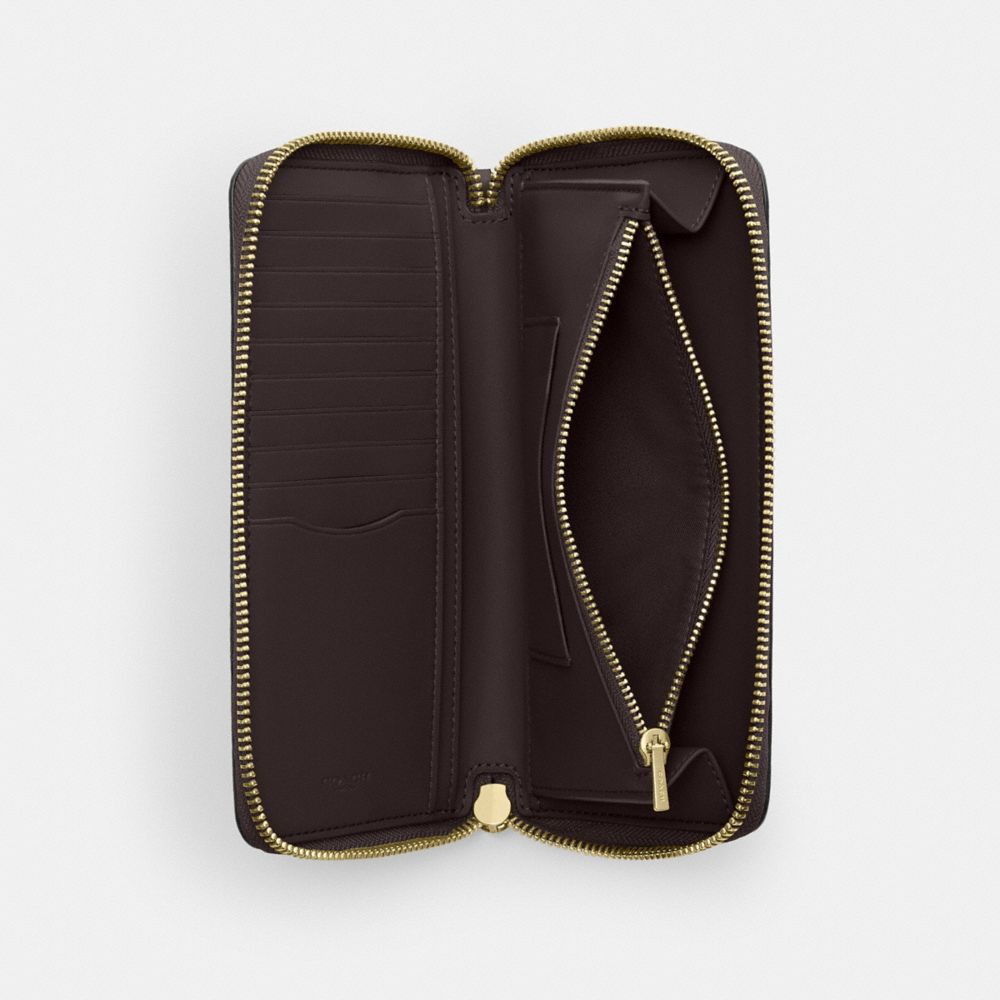 Coach Long Zip Around Wallet With Detachable Card Case In Signature Canvas Gold Walnut Black