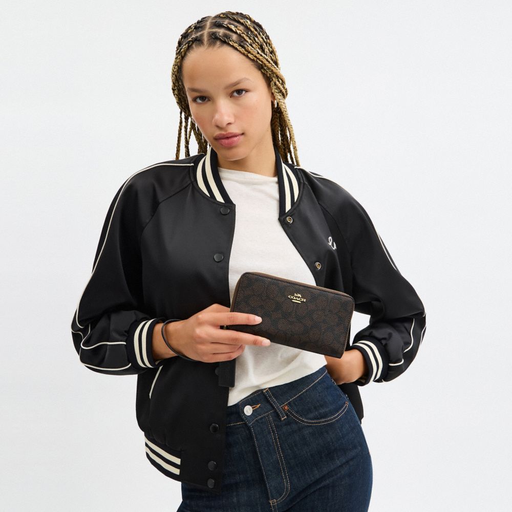 Coach Long Zip Around Wallet With Detachable Card Case In Signature Canvas Gold Walnut Black