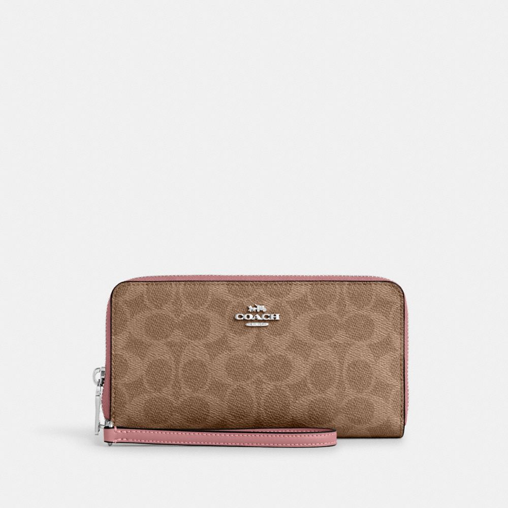 Coach Long Zip Around Wallet With Detachable Card Case In Signature Canvas Sv Tan Dusty Pink
