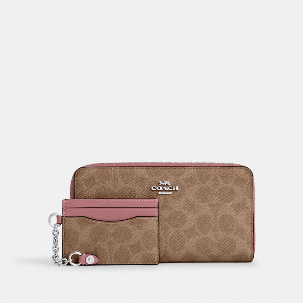 Coach Long Zip Around Wallet With Detachable Card Case In Signature Canvas Sv Tan Dusty Pink